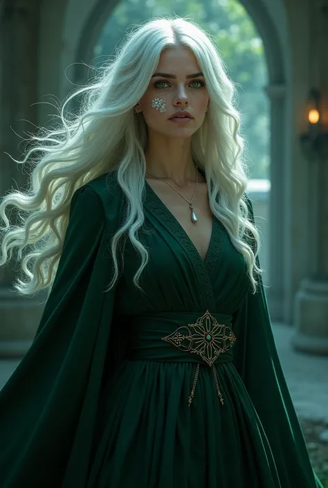 Woman in Slytherin. White hair and blue eyes that glow. A big white scar on cheek