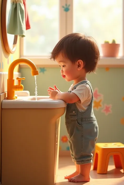 Draw me a toddler washing his hands in an age-appropriate washbasin environment 