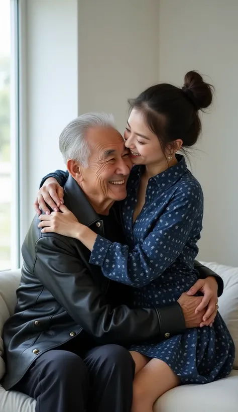 a young thailand woman, 28 years old, wearing a dark blue batik, mini skirt, updo hairstyle. sitting on her grandfather's lap, hugging him with great affection. romantic lift hug. grandfather wear black leather jacket and black pants. white modern interior