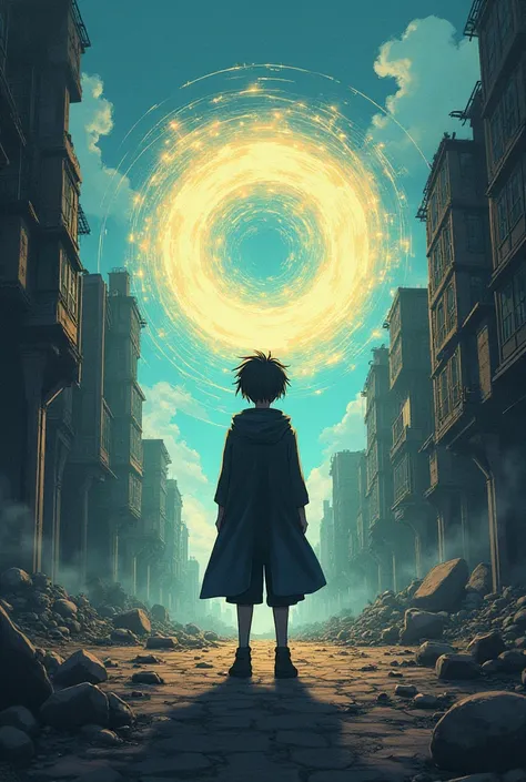 A random character stands in the middle of an empty city with a time portal in front of him anime style 