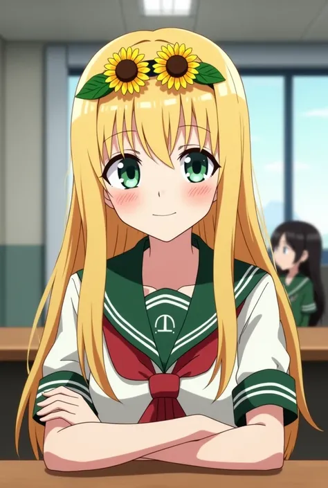  My Hero Academia screenshot. Girl with long straight blond hair and has a sunflower headband, with bangs. has dark green eyes and has a cheerful expression.  wears the UA uniform and in the background she has a school class from the UA and is sitting at a...