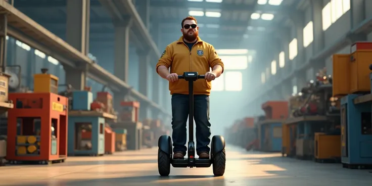 A man with a small tummy and reddish brown hair and a light short full beard wears a security uniform and sunglasses he drives through a factory in a Sagway Pixar style