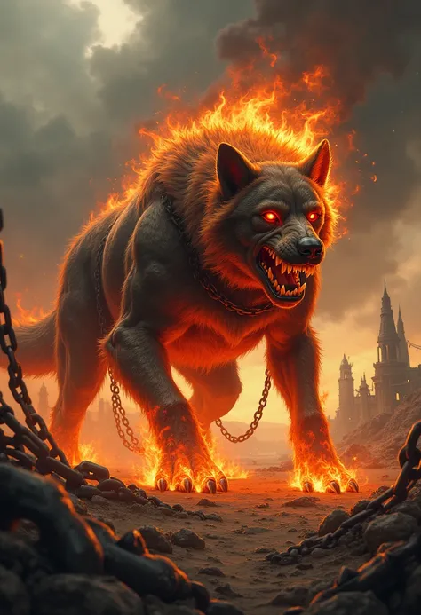  Fierce fire dog held in chains to the ground, Apocalypse theme  