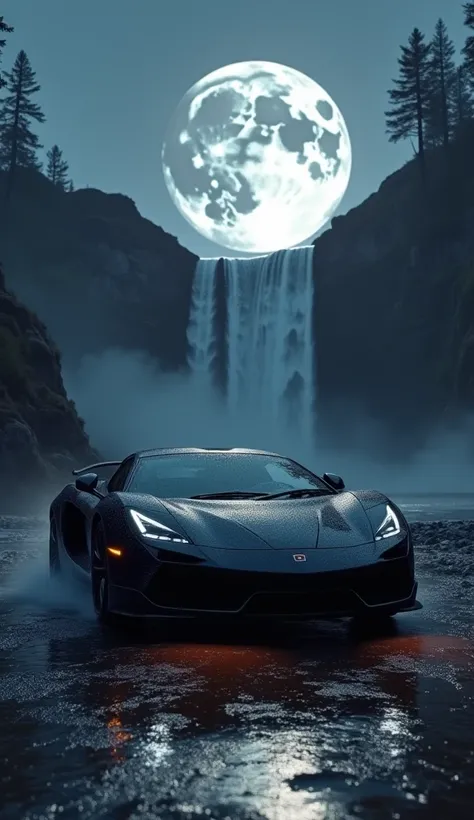 A black car and night time and big moon  and water fall 
