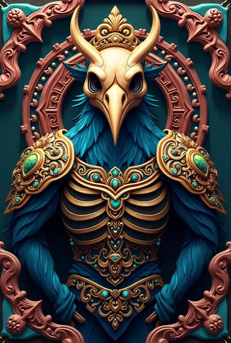 I want to create a logo of a stone magpie whose body is a skull wearing armor like a Javanese royal warrior with a theme decorated with colorful java carvings in the form of animation