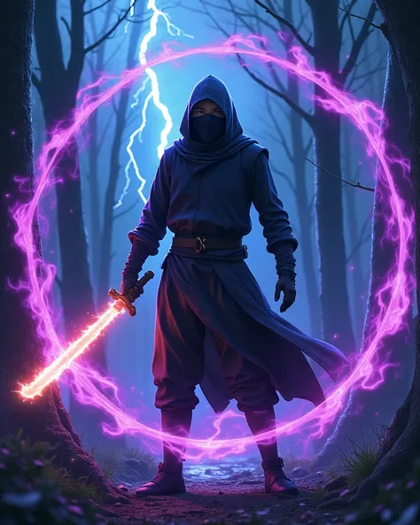 A dark black ninjah man with a masked face, animation manga 3D, surrounded by an aura of purple fire, In the background a dark forest and blue lightning , holding a burning kunai in his hand.