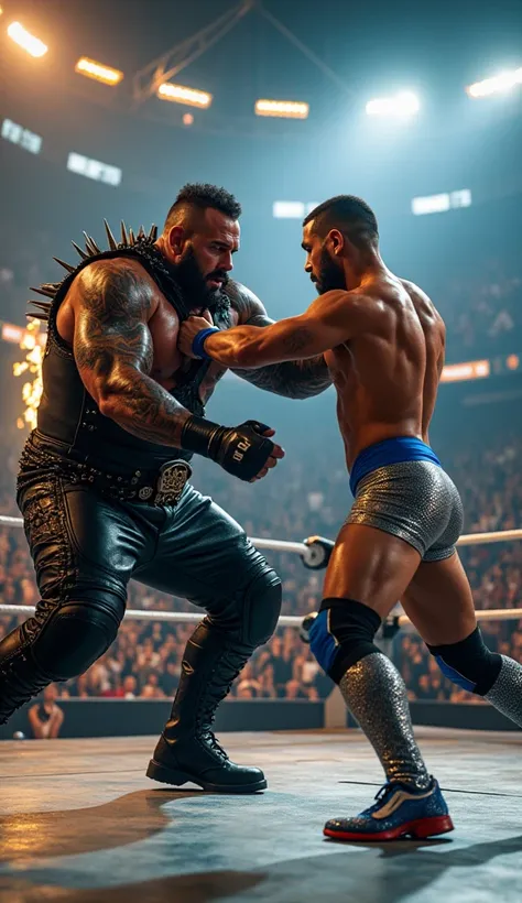 A hyper-realistic wrestling showdown featuring a hulking, tattooed wrestler wearing spiked leather gear grappling with a sleek, acrobatic opponent in metallic silver and blue attire. The arena is alive with flashing lights and roaring fans, while pyrotechn...