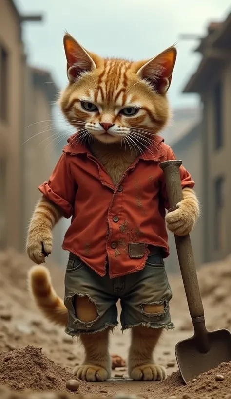 Here’s the description in English:

Imagine a  cat wearing a torn red shirt and ripped shorts. The cat looks exhausted, with clear signs of fatigue visible on its face and body. Its eyes are slightly closed, and its expression shows weariness, while it hol...