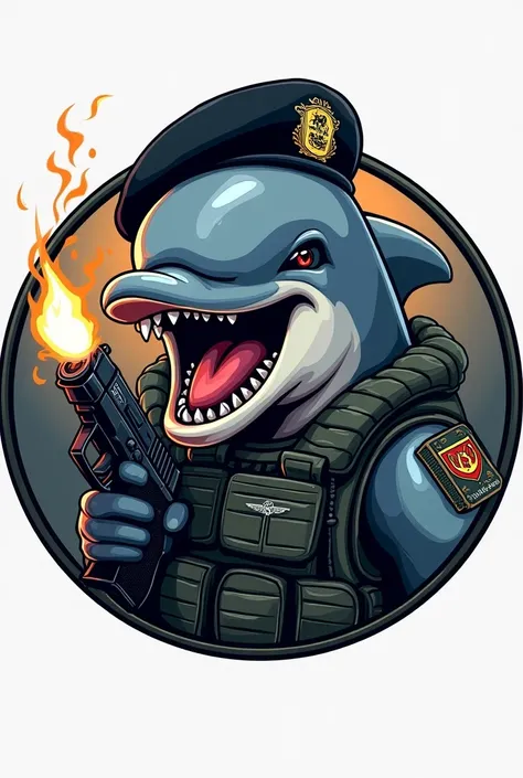 Drawing of a round military patch with an angry dolphin wearing a black beret showing its teeth while smoking a cigarette and with a USP compact