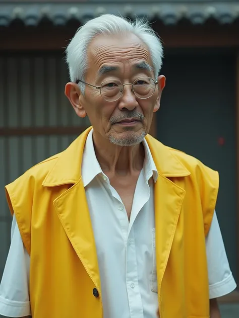 A slim 60-year-old Japanese man with white hair and small glasses. Wearing a white shirt and a yellow sleeveless coat over the white shirt. Wearing blue paint.full size cinematic image 