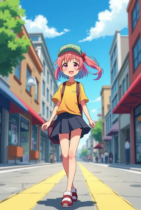 In anime style create me a happy girl on the street 