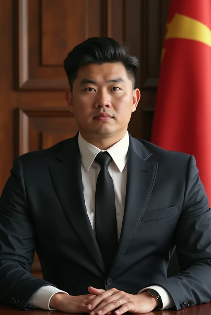 Epic portrait of a leader, a young man with a chubby, serious appearance, dressed in a suit and black tie, sitting at a desk in an office that looks very important, as if it were the office of a president, with a red flag behind his back.