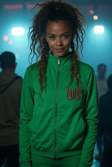 "Neymar wearing a green tracksuit from 'Squid Game' with the number 001 on her chest. She has her signature messy hair and a confident, intense expression. The background is a dimly lit game arena with a mysterious atmosphere, featuring the show's iconic s...