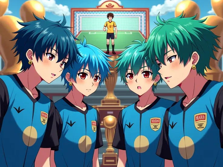 je veux 4 garçon adolescent beaux gosse cheveux bleu et vert yeux ecarlate perçant stylé artificiel avec des boucle d'oreille or.porte des maillot bleu et noir de l'equipe manshi gakuen regarde leurs trophée leurs celebration avec des statue a leurs effigi...