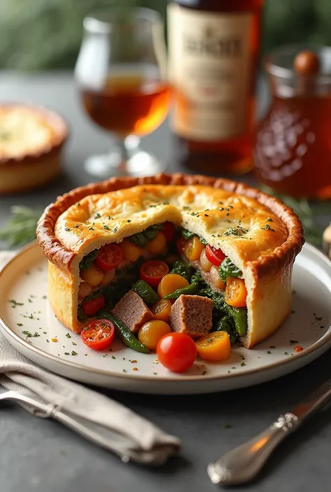 Open pie inside vegetables with meat, cutlery on the plate next to it. Brandy glass and bottle.