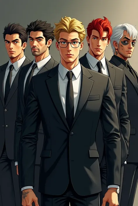 Five role-playing character: a dark-haired, blue-eyed, tattooed man, A blond guy who wears glasses and a guy, A red-haired guy with green eyes and a spotted one,  an Asian with white hair and a man with black hair and brown eyes, All strong and big and wea...