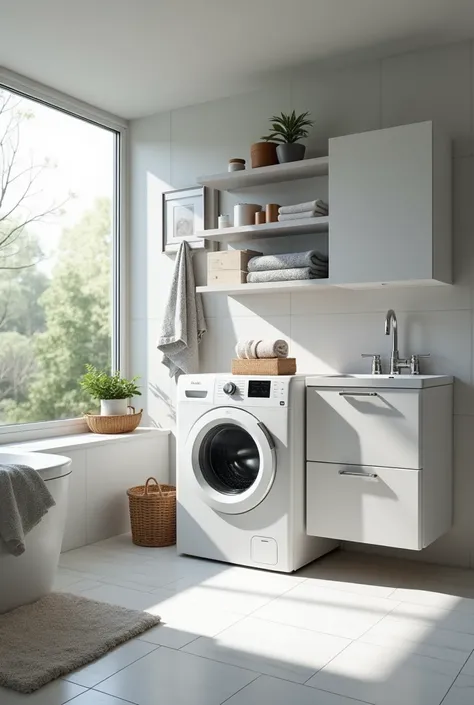 A bathroom with a washing machine