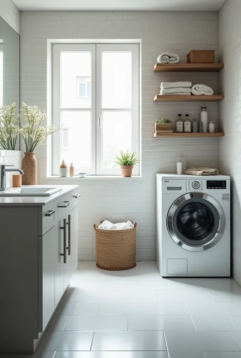 A bathroom with a washing machine