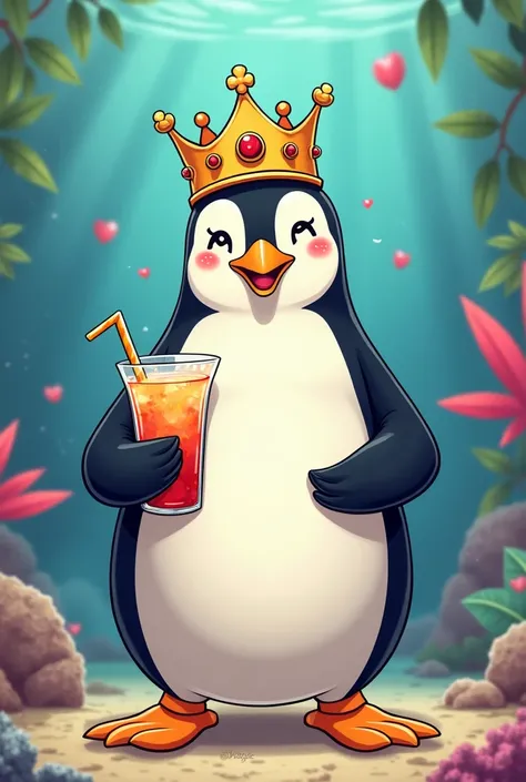 cartoon of penguin with a crown and drink 