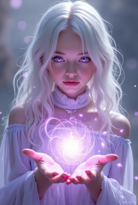 A girl with loose white wavy hair, pale skin and lilac eyes, She has a lilac magic in her hands 