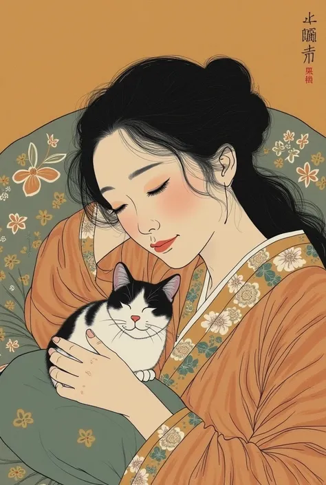 there is a woman that is laying down with a cat, 4 5 yo, inspired by Goyō Hashiguchi, late - 4 0 s aged, 3 0 years old woman, 30 years old woman, inspired by Sawa Sekkyō, inspired by Tosa Mitsunobu, inspired by Itō Shinsui