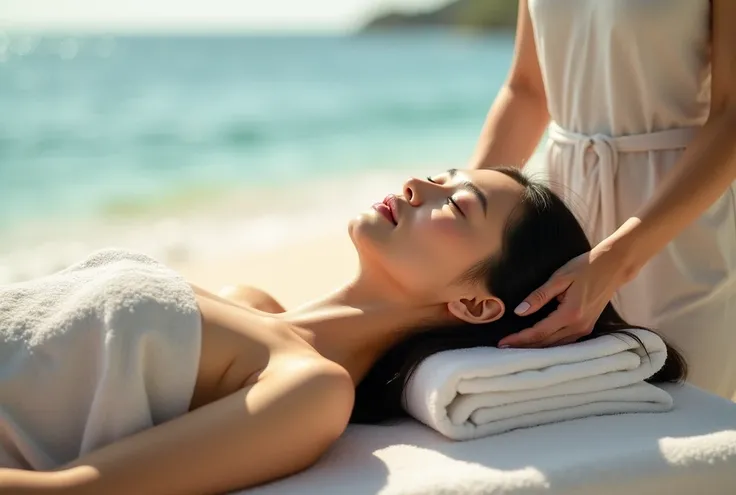 Asian woman relaxes on a massage table set up on a pristine beach by  male masseuse works on her head and shoulders, releasing tension and promoting relaxation.