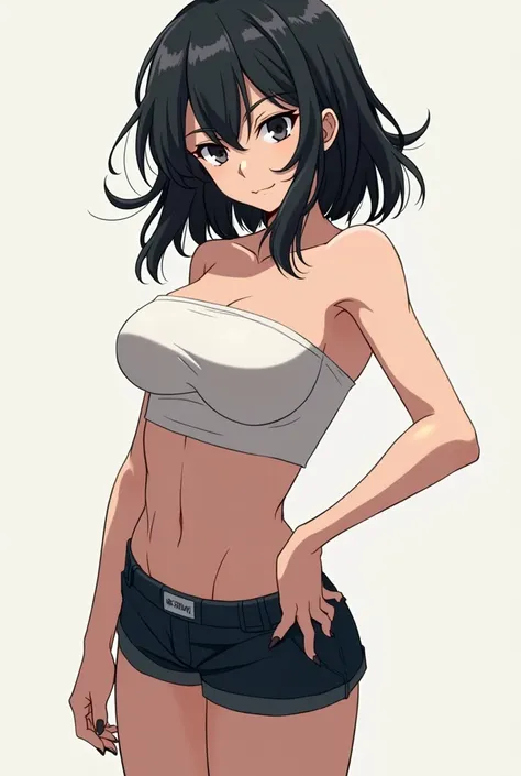  17-year-old anime girl with medium-long wavy black hair, And black eyes, dresses with short strapless skirts,  has an aggressive personality ,  Athletic physique ,  has big breasts, has white skin