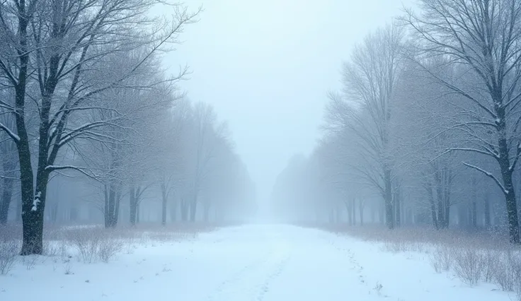 Snow falling in the forest, covering everything in white.