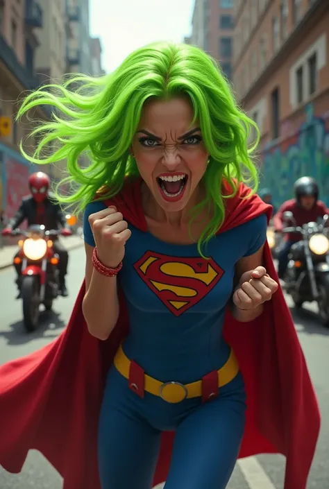 Chapri Supergirl clenches her fists and yells in anger, her eyes glowing slightly with rage. Her neon green hair flows wildly as she leans forward, pointing at Spiderman. Behind her, motorbikes zoom past on the city street, with graffiti-covered walls in t...