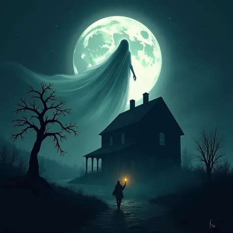 Draw a ghostly figure, just a shadow, but he is flying over a big and very scary house, there is a dead tree, there is a big, bright moon, a silhouette of a man walking with a small lamp.