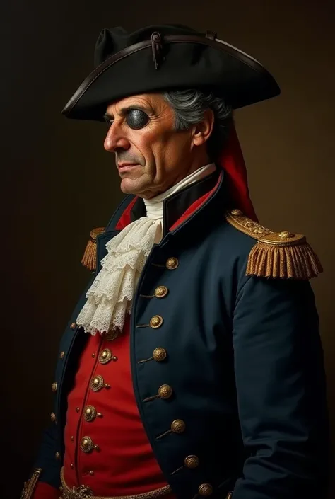 Hyperrealistic portrait of Blas de Lezo, the 18th-century Spanish admiral, at age 60. The image captures him from the chest up in a three-quarter view, showing his right profile. He is dressed in his full naval uniform.
He wears a deep navy blue frock coat...