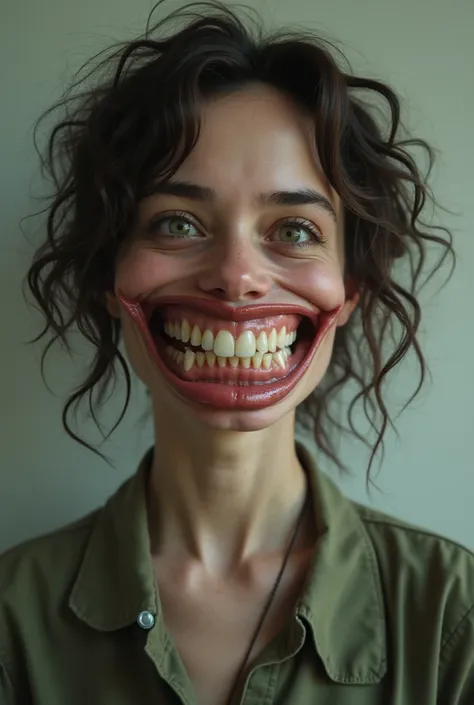 She must be a female teacher with her mouth closed but with two huge teeth poking out of her mouth.. A bit ugly. Curly but ugly and untreated hair. THE FUNDAMENTAL DETAIL ARE THE TEETH 