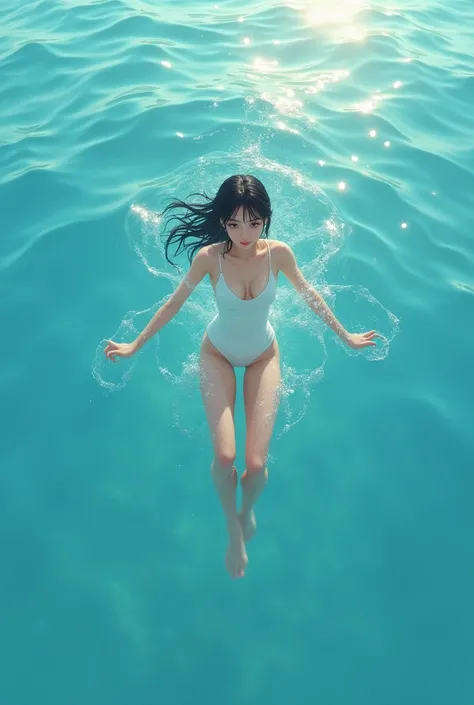 a girl with small tits swimming in the sea in a white swimsuit