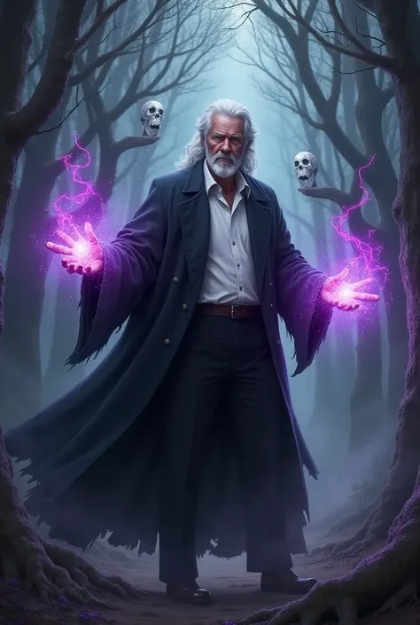 Witch Man  . wearing a shirt,  Black pants and jacket  ,  In the background a dark forest with figures of ghostly souls  .   Purple rays emanate from his hands and is surrounded by a black aura. 