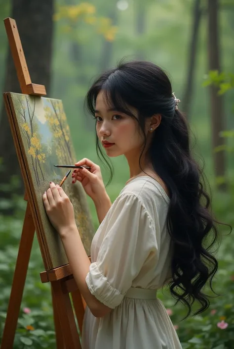  of a 20-year-old young girl with a completely European face. Black Umbrella Hair.  is drawing a painting . In nature .  with her back to the picture .