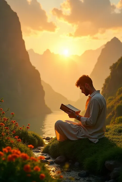 A person is seated peacefully on a lush, green hill in a paradisiacal environment, reading the Holy Quran. The scene is illuminated by soft, golden light spreading from behind, as if the heavens are opening up. The light radiates in divine rays, creating a...