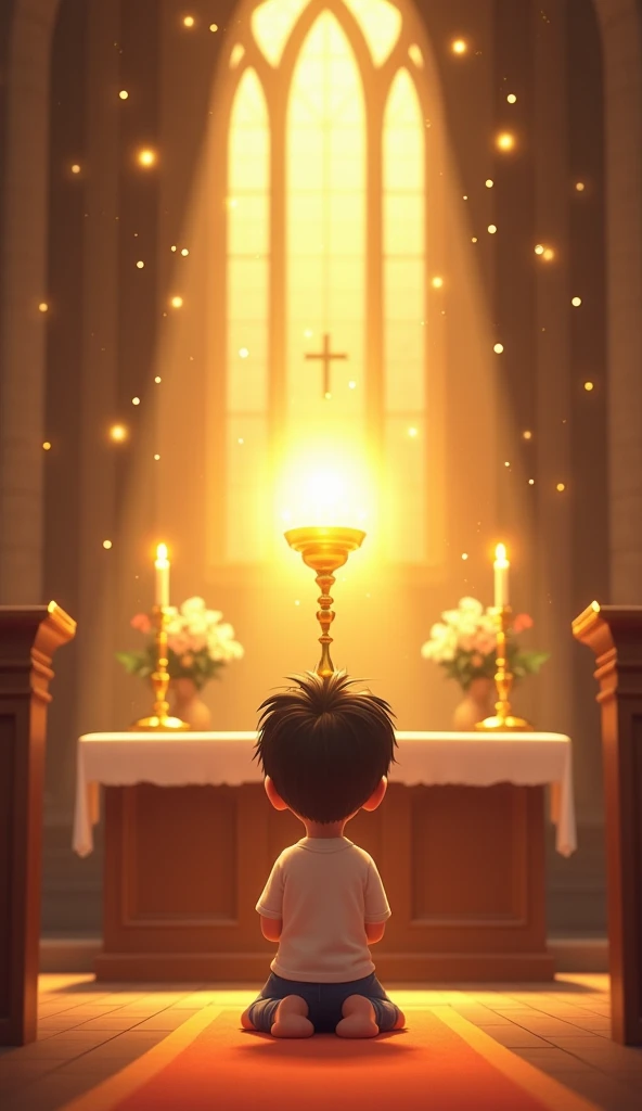 A serene scene inside a beautifully lit church with a majestic altar. On the altar, a radiant golden monstrance holding the Eucharist glows with divine light. A young  with soft, cartoon-like features and styled hair kneels in prayer before the altar, illu...