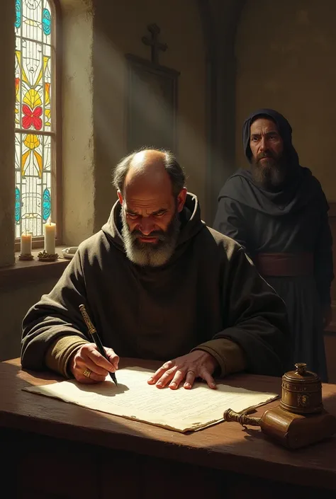 a monastery. a friar , indignant, Write a letter while someone else is watching