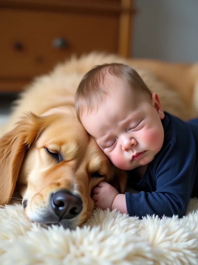 Image is a heartwarming photograph featuring a sleeping baby and a golden retriever. The baby, with fair skin and soft, light brown hair, is dressed in a navy blue onesie. The baby is peacefully resting its head against the golden retriever's head, with it...