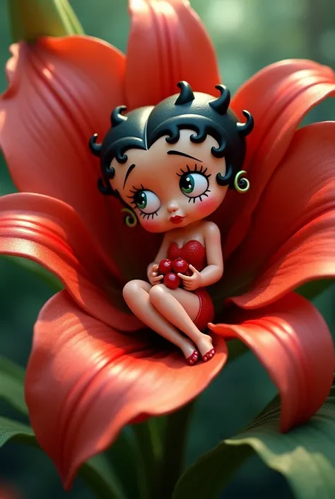 Betty boop, Sitting on a red lily and eating cherries 