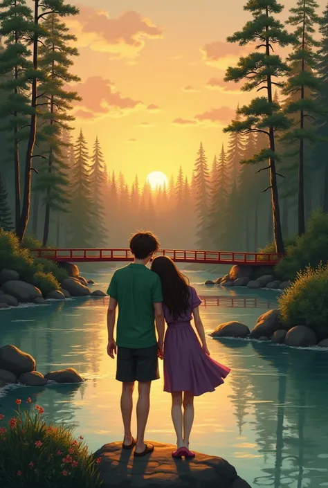 She creates a  age couple, a girl with dark brown hair and white skin, and a thin boy taller than her with straight brown hair.. that they are in a river surrounded by pine trees, That the river has a red bridge and that the couple can be seen walking alon...