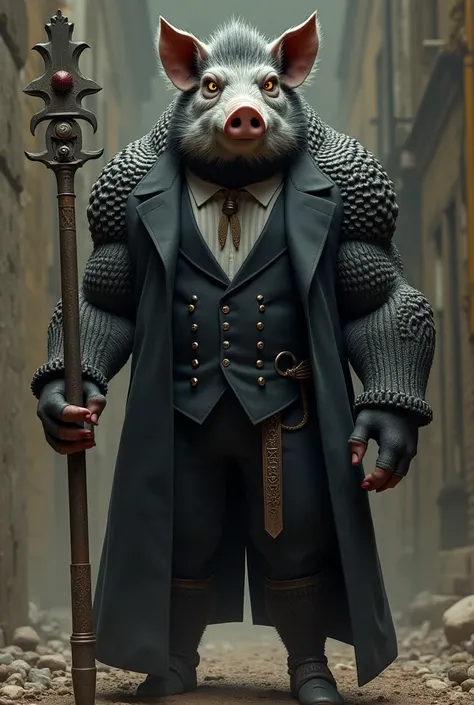 Humanoid gray and black Iberian pig  , elegant outfit with a modern English style  ,  tall and muscular, bright yellow eyes and a Maori-style weapon. a lot of power  