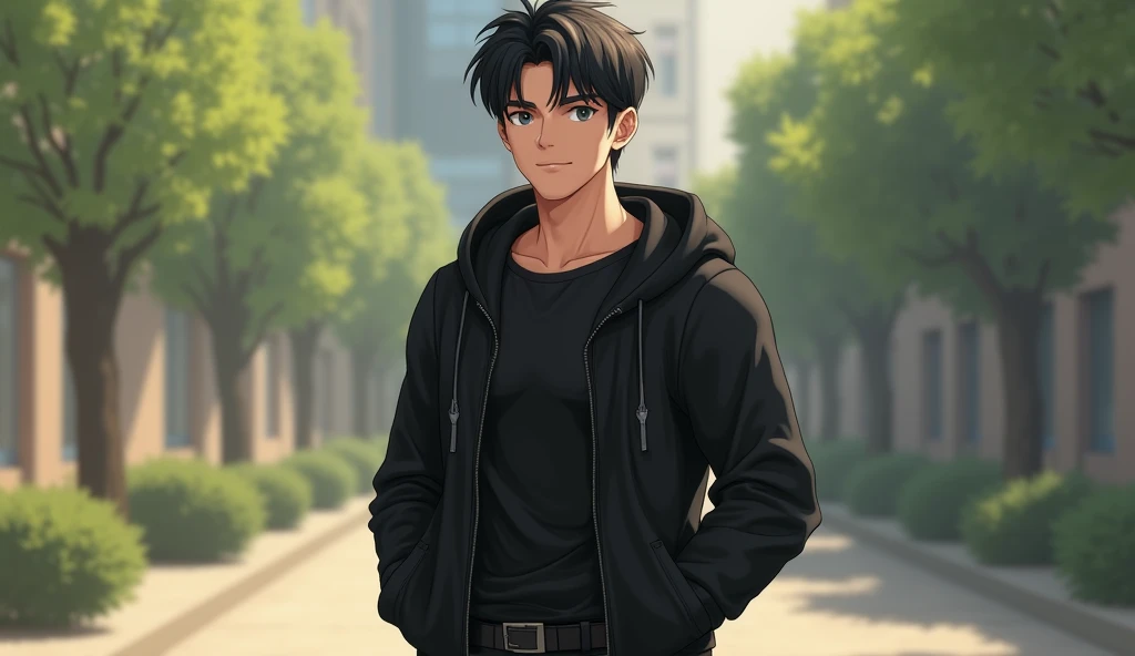 ager boy, looks a bit shy, friendly, black short hair, some muscles, wearing black shirt, black closed hoodie and black long pants with a belt. Realistic image 