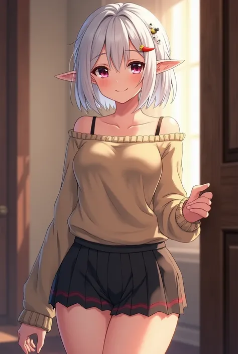  An elf girl with pointed ears anime version with short white hair with nothing on top of her hair with a red bow,  black miniskirt with even darker edges , a white fleece sweater color Beige , Looking older than  +18, His height is 1,54 meters,  with mini...