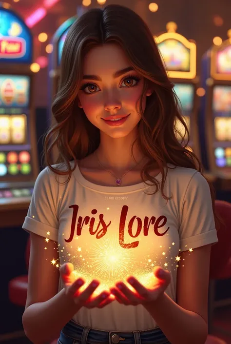 Princess with brown eyes and long brown hair with the name Iris Lore written on the shirt with glitters and fireworks and golden stars coming out of her hands against a background of slot machines and roulette 