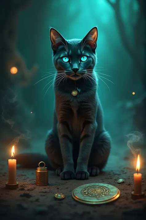 A mystical cat staring into your eyes in the ritual to visit the underworld with blue-green eyes