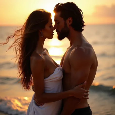  a beautiful woman with long hair and two handsome men with beards ,  the three of them the woman and the two men look at each other with great lust, her sensually shaped body , on top of a towel on the beach with the waves of the sea with orange-orange li...