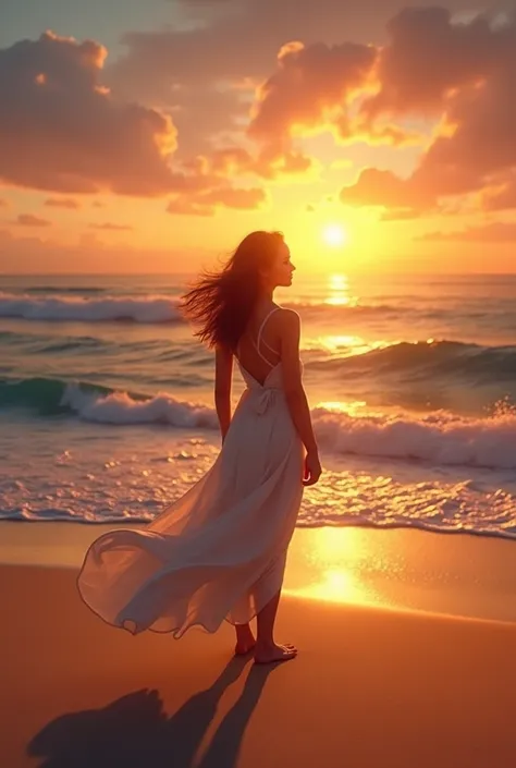 Woman with her back at the beach ,  watching the sunset .  high quality, realistic