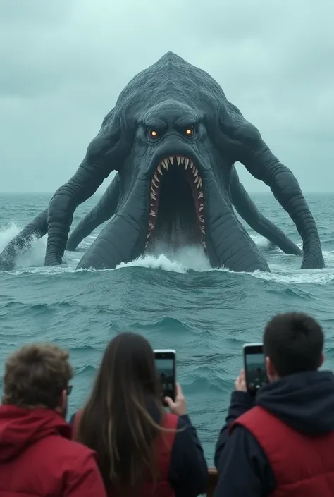 A hyper-realistic photograph of a terrifying kraken emerging from the sea. The ship's crew is scared. One of them holds a smartphone, capturing the moment. The background reveals a cloudy ocean horizon.