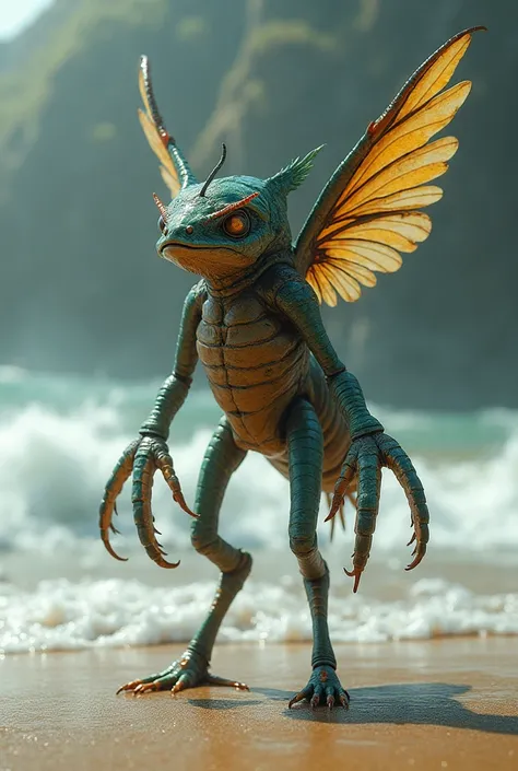  the first amphibian ,  that came out of the ocean millions of years ago and adapted to life on land is a cross between fish, ant and bird ,  with fins and wings ,  standing on the sandy shore of a stormy sea 